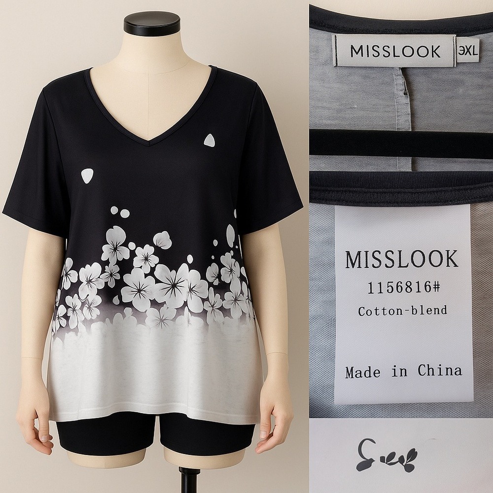 Misslook Women's Plus Size 3XL Floral Ombre V-Neck Top Black White Short‎ Sleeve